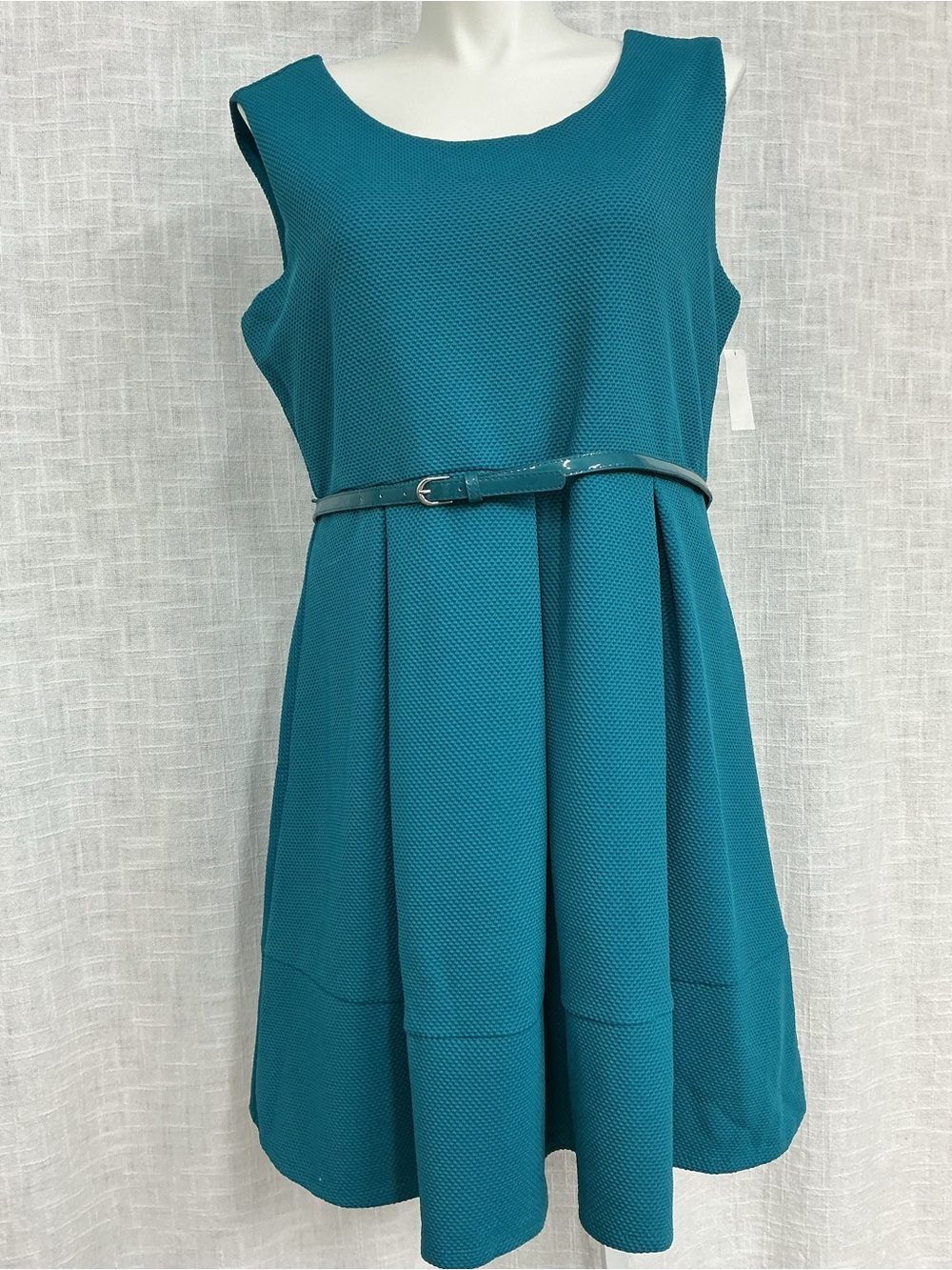 Simply Emma Teal Textured Sleeveless Fit & Flare Dress with Belt